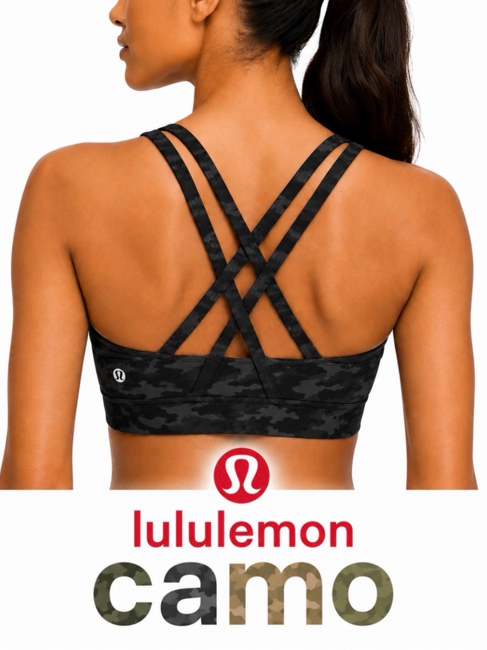 Lululemon Energy Long Line Sports Bra Black Gray Camo Strappy Back SZ 4 Run Gym
